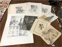 GROUP OF ASSORTED PENCIL DRAWINGS, ETC.