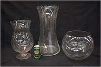 2 LARGE GLASS VASES AND A FISH BOWL - 19 1/2"