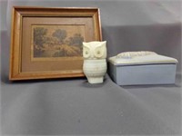 Mid Century Covered Glass Box & Vintage Avon Owl