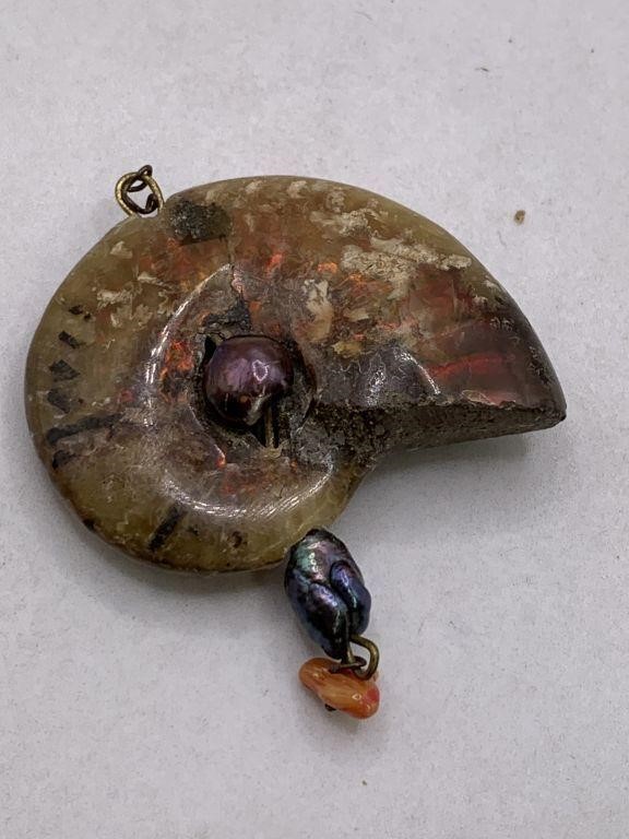 IRIDESCENT AMMONITE FOSSIL,CORAL & PEARL PENDANT