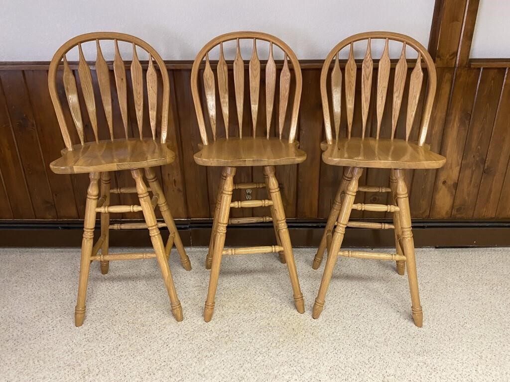 3 Solid Oak Swivel Bar height Barstools