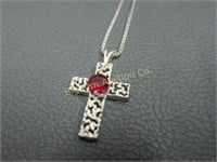 Sterling Silver Cross & 20" Box Chain w/ Red Stone
