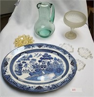 "Blue Willow" Platter & Glass Lot