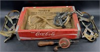 Lot with a Coca~Cola crate US GI ice cleats, vinta