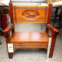 Child's Wooden Bench w/Horse Carved Scene