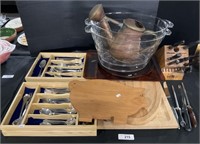 Cutting Boards, Oneida Flatware, Knife Block.