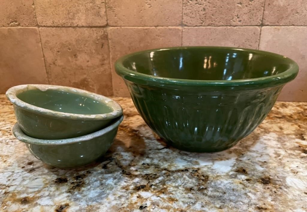 Large Green Stoneware Mixing Bowl and Two Small