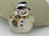Vintage Glazed Snowman Brooch, Shimmery, Hat and S