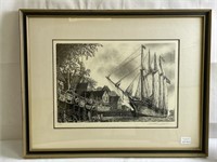 Etching of Harbor Scene Dated 1976, Signed