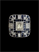 Platinum Square Art Deco Diamond Sapphire Ring