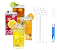 4 Glass Cups with Straws, 12.5oz Ribbed Glassware