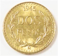1945 MEXICAN GOLD DOS PESOS 0.0482 TROY OZ GOLD