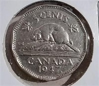 1947 Canada 50% Silver ML 5 Cent Coin F-15