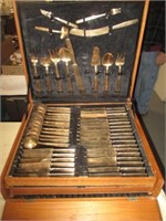 Vintage Brass Large Flat Ware Set In Wood Case