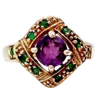 Amethyst & Emerald Crossover Halo Ring 10k Gold