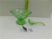 URANIUM GLASS SPOON AND ICE CREAM BOWL. SEE  NOTE