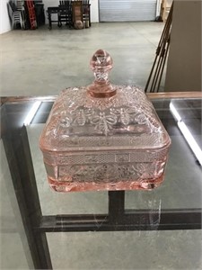Gorgeous Pink Glass Candy Dish With Top Embossed