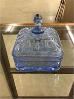 Gorgeous Blue Glass Candy Dish With Top Embossed