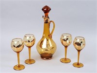 "Gold" Painted Decanter w/4 Glasses