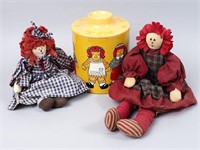 Raggedy Ann & Andy Cookie Tin & Dolls