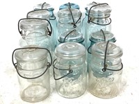 12 Vintage Ball Ideal Mason Jars Blue & Clear