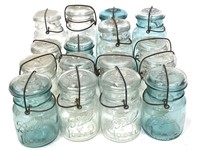 16 Vintage Ball Ideal Mason Jars Blue & Clear