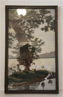 Vtg Silk Picture "Goose By The Water" In Frame