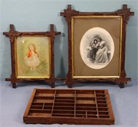 (2) Antique Lithographs & Type Tray