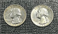 (2) 1964 90% Silver US Washington Quarters BU