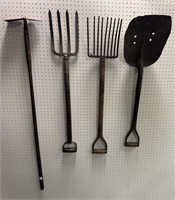 4 Garden Tools:  Shovel, 2 Pitchforks, Hoe