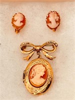 Estate Brooch Cameo/Seed Pearls w/ Earrings