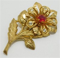 Vintage Flower Rhinestone Gold Tone Brooch Pin