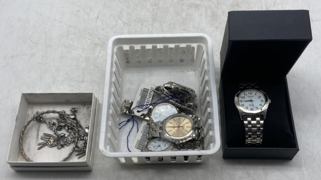 (JL) 5 Omax Watches & A Box of Earrings & a