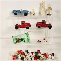 Vintage Tootsie Toys, Marbles, Dice