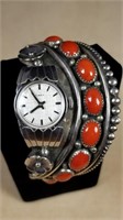 Signed Indian I Sheka Jr. Coral Watch Cuff Timex