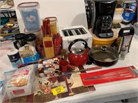 MR COFFEE POT, TOASTER, RED COLORED KNIFE BLOCK