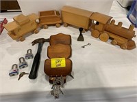 WOODEN TRAIN SET, MASTER LOCKS W/ KEYS, WOODEN