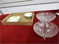 Clear glass dishes, hand painted plates.