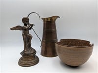 Small Bronze Cherub, Pottery Bowl & Copper Pitcher