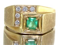 14kt Gold Men's Natural Emerald & Diamond Ring