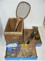 LAB GLASSWARE AND PIPETTES, OLD SHIPPING CRATE,