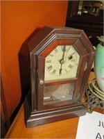 ANTIQUE ATKINS MANTLE CLOCK HAS KEY AND PENDULUM