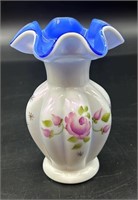 Fenton Hp Blue Cased Ruffle Vase By L Everson