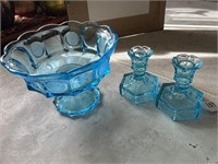 2 glass candle blue glass holders & pedestal dish