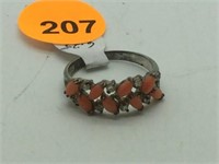 STERLING SILVER RING WITH CORAL CABOCHONS - SZ 6.2