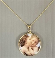14k gold and porcelain cherub pendant necklace