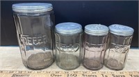 4 Glass Hoosier Canisters w/Lids (7.5" & 5"H)