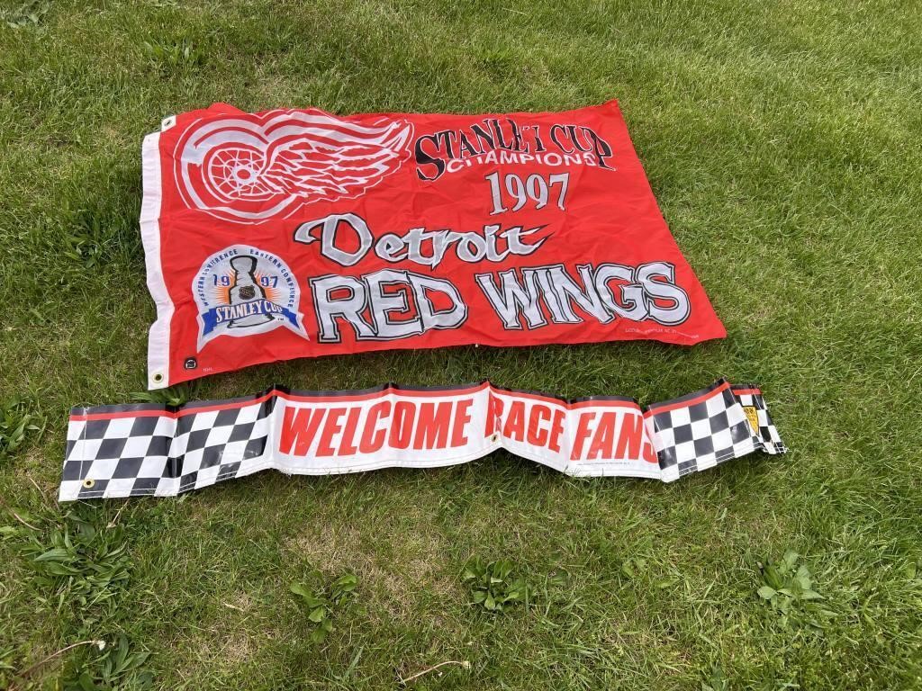DETROIT RED WINGS FLAG AND WELCOME RACE FANS