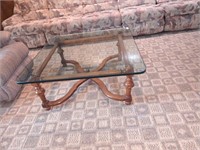 Vintage wood coffee table with heavy glass top