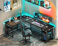 L Shaped Computer Desk 66" with Power Outlet Black